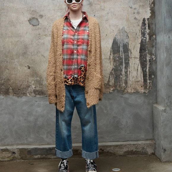 R13 Teddy Bear Cardigan Long Brown Oatmeal Fuzzy Button Down Long Sleeve Wool - Picture 1 of 5